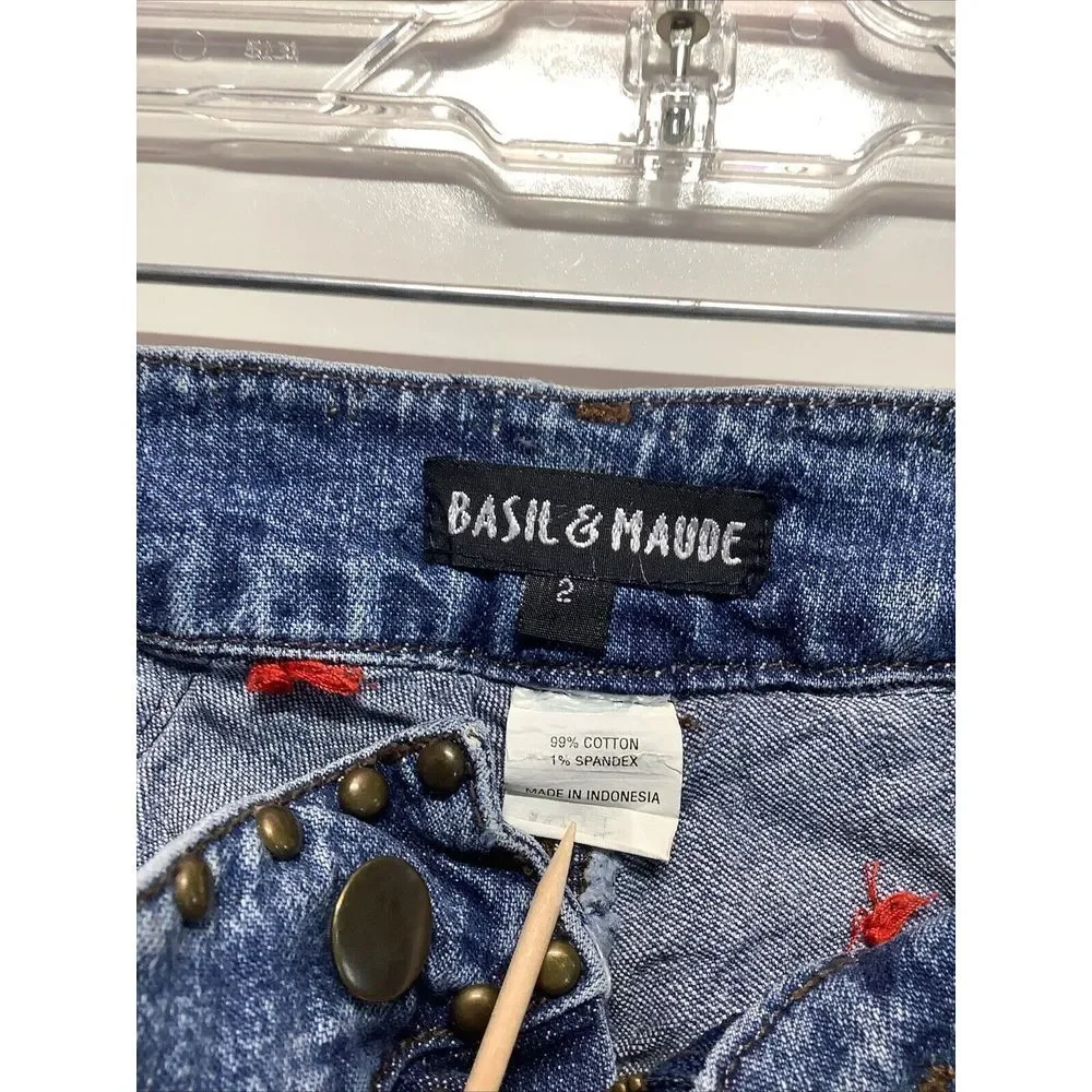Vintage Basil & Maude Embroidered And Rivited Blue Jeans Size 2 lowrise stretch